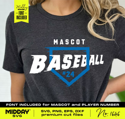 Woman wearing a dark t-shirt with a custom baseball home plate design, including 'Mascot Baseball #24' text in SVG and PNG format.