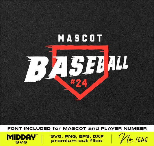 Baseball home plate design with mascot and number 24, available as SVG, PNG, EPS, DXF for sports fan projects.