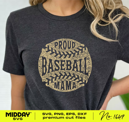 Proud Baseball Mama t-shirt design in vintage style for baseball moms, perfect for DIY projects and custom apparel.