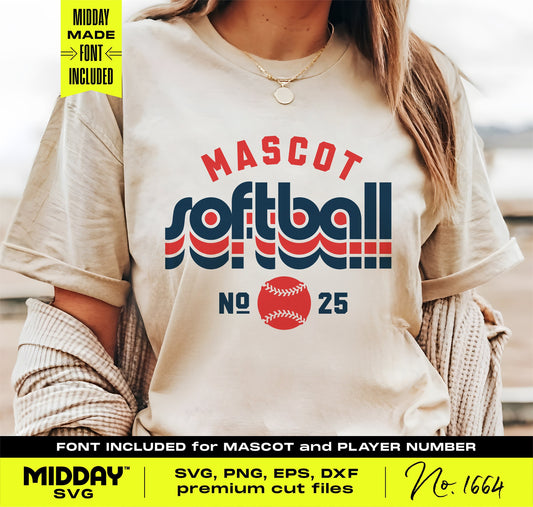 Woman wearing a beige shirt with customizable softball SVG design, featuring bold text "MASCOT Softball No 25" in red and blue.