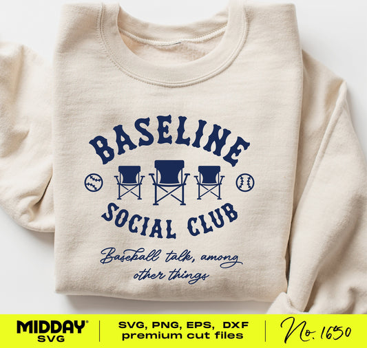 Beige sweatshirt featuring navy 'Baseline Social Club' baseball mom or dad design with text 'Baseball talk, among other things.'