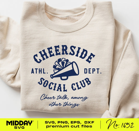 Cheerside Social Club cheer mom sweatshirt with navy megaphone design, available in SVG and PNG formats for custom apparel.