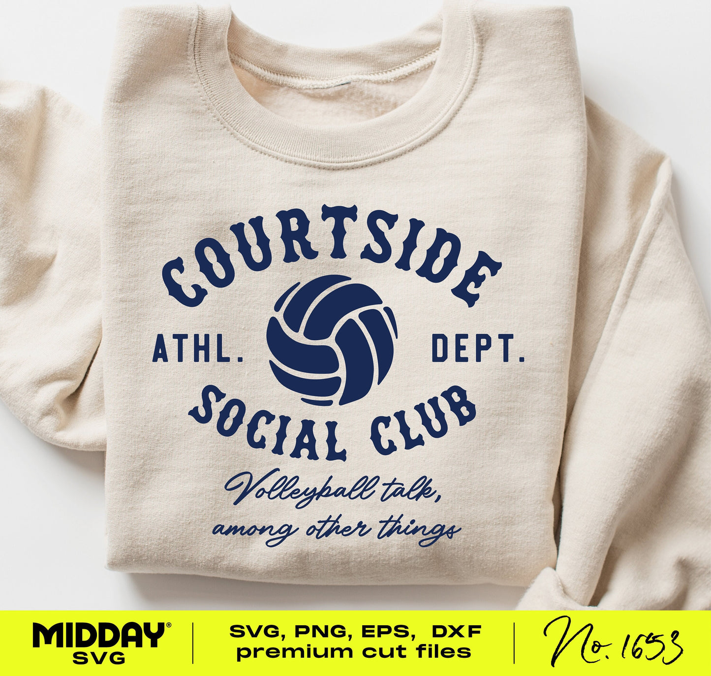 Courtside Social Club sweatshirt with funny volleyball mom design in navy text, ideal for sports supporters.
