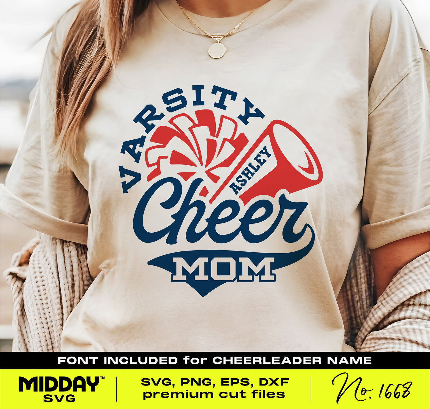 Woman wearing Varsity Cheer Mom t-shirt with customizable name design in navy and red for SVG, PNG files.
