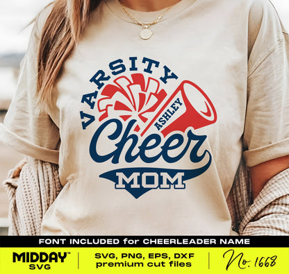 Woman wearing Varsity Cheer Mom t-shirt with customizable name design in navy and red for SVG, PNG files.