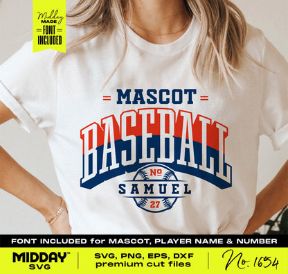 DIY Customizable Baseball Team SVG PNG on T-Shirt with Mascot, Player Name, and Number; Ideal for Fan and Player Gear; Font Included