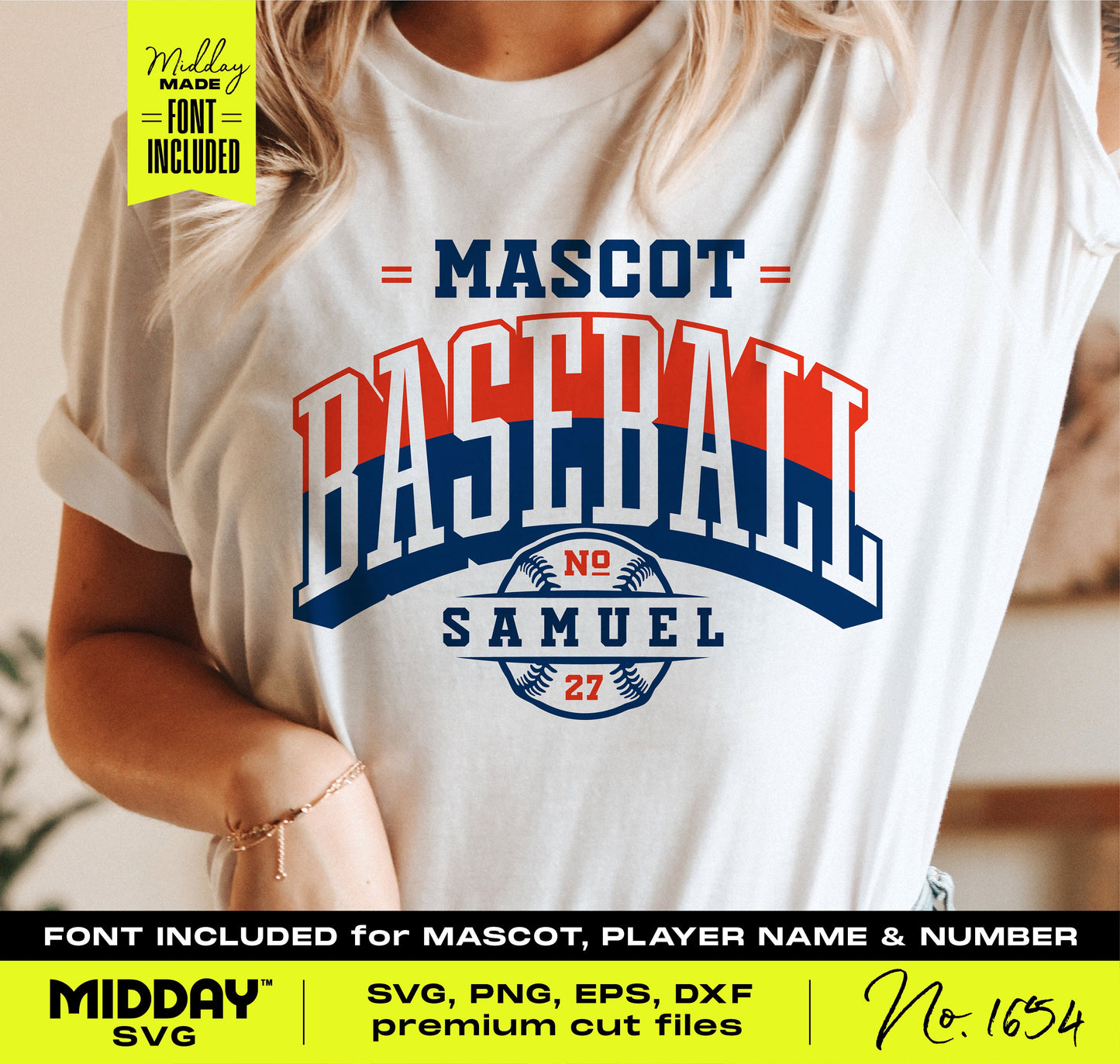 Person wearing a shirt with customizable baseball team logo featuring mascot, player name 'Samuel,' and number '27' in red and blue font.