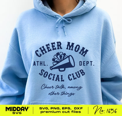Blue hoodie featuring 'Cheer Mom Social Club' design with megaphone graphic, ideal for cheerleading fans and crafting projects.