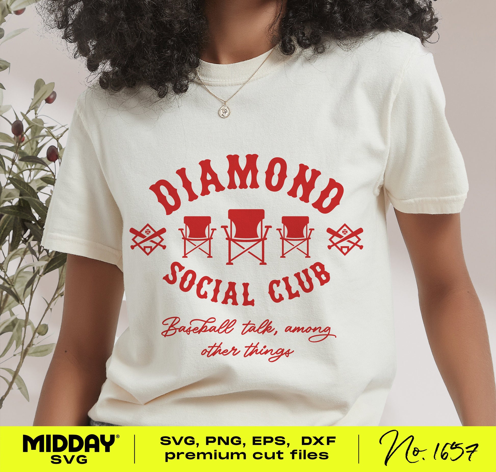 Person wearing a white T-shirt with Diamond Social Club humorous baseball design in red print, available as SVG, PNG, EPS, and DXF files.