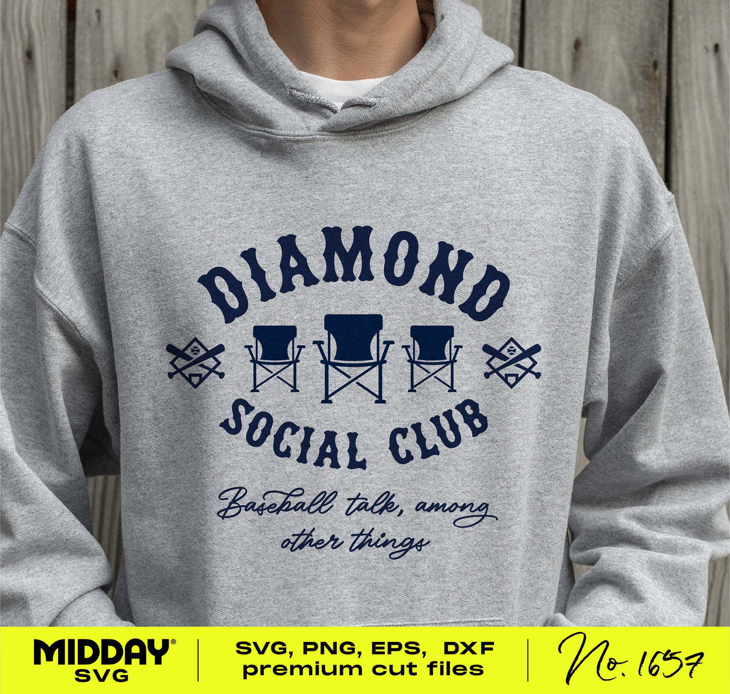Person wearing a gray hoodie featuring a "Diamond Social Club" funny baseball-themed design with chairs and crossed bats in navy color.