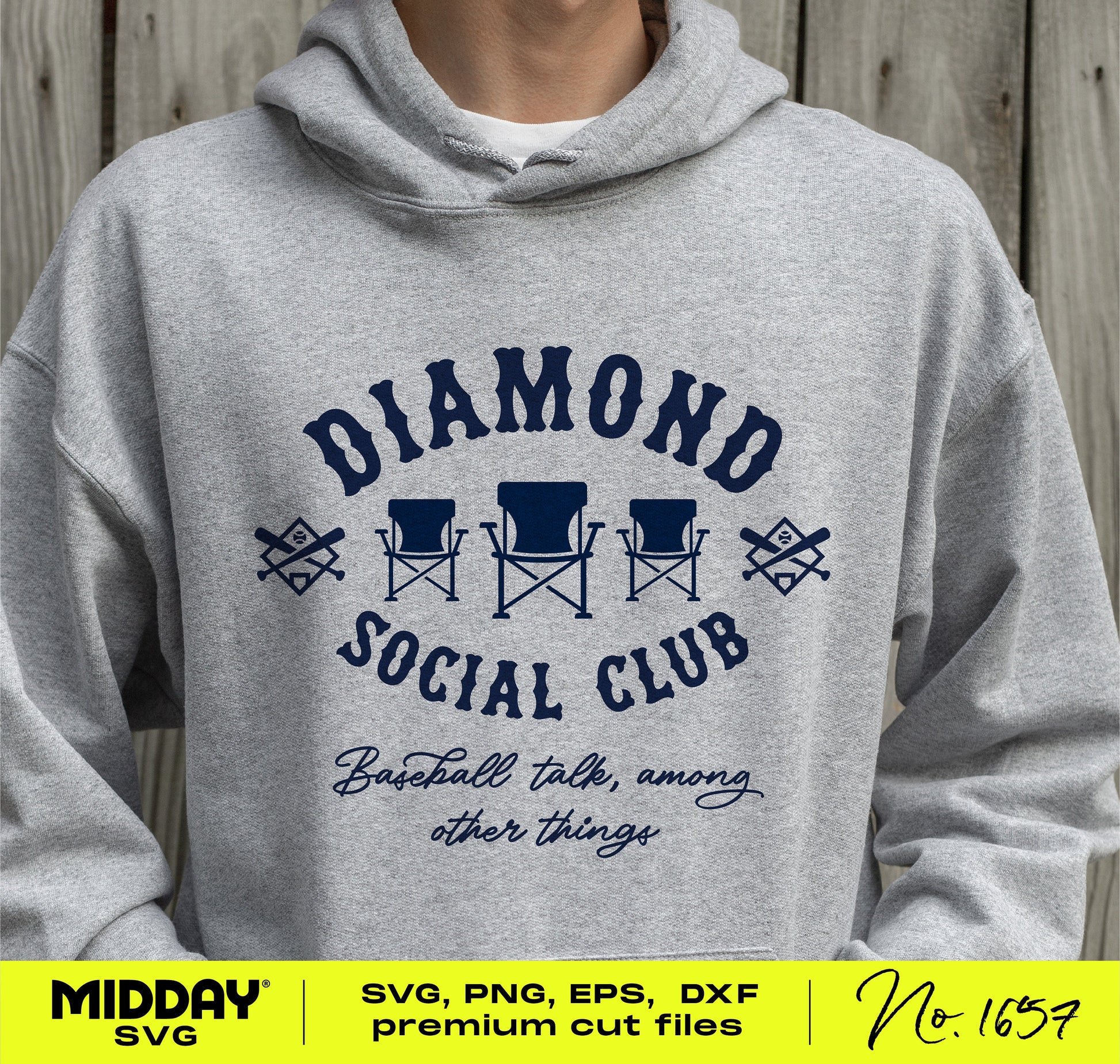Person wearing a gray hoodie featuring a "Diamond Social Club" funny baseball-themed design with chairs and crossed bats in navy color.