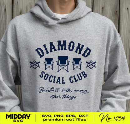 Person wearing a gray hoodie featuring a "Diamond Social Club" funny baseball-themed design with chairs and crossed bats in navy color.