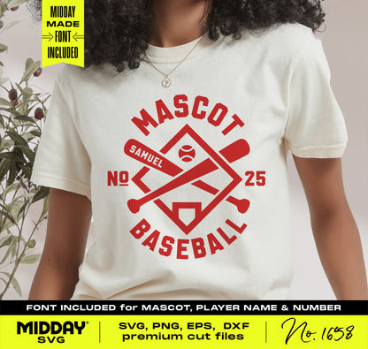 Baseball shirt with diamond, home plate, bats, player name and number; customizable SVG PNG format for teams.