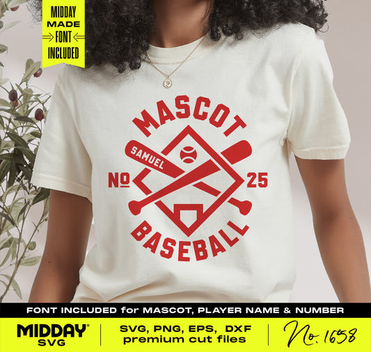 Baseball shirt with diamond, home plate, bats, player name and number; customizable SVG PNG format for teams.