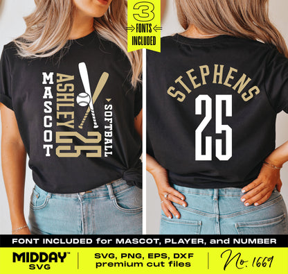 Model wearing customizable softball T-shirts with SVG designs; perfect for crafting personalized sports apparel.