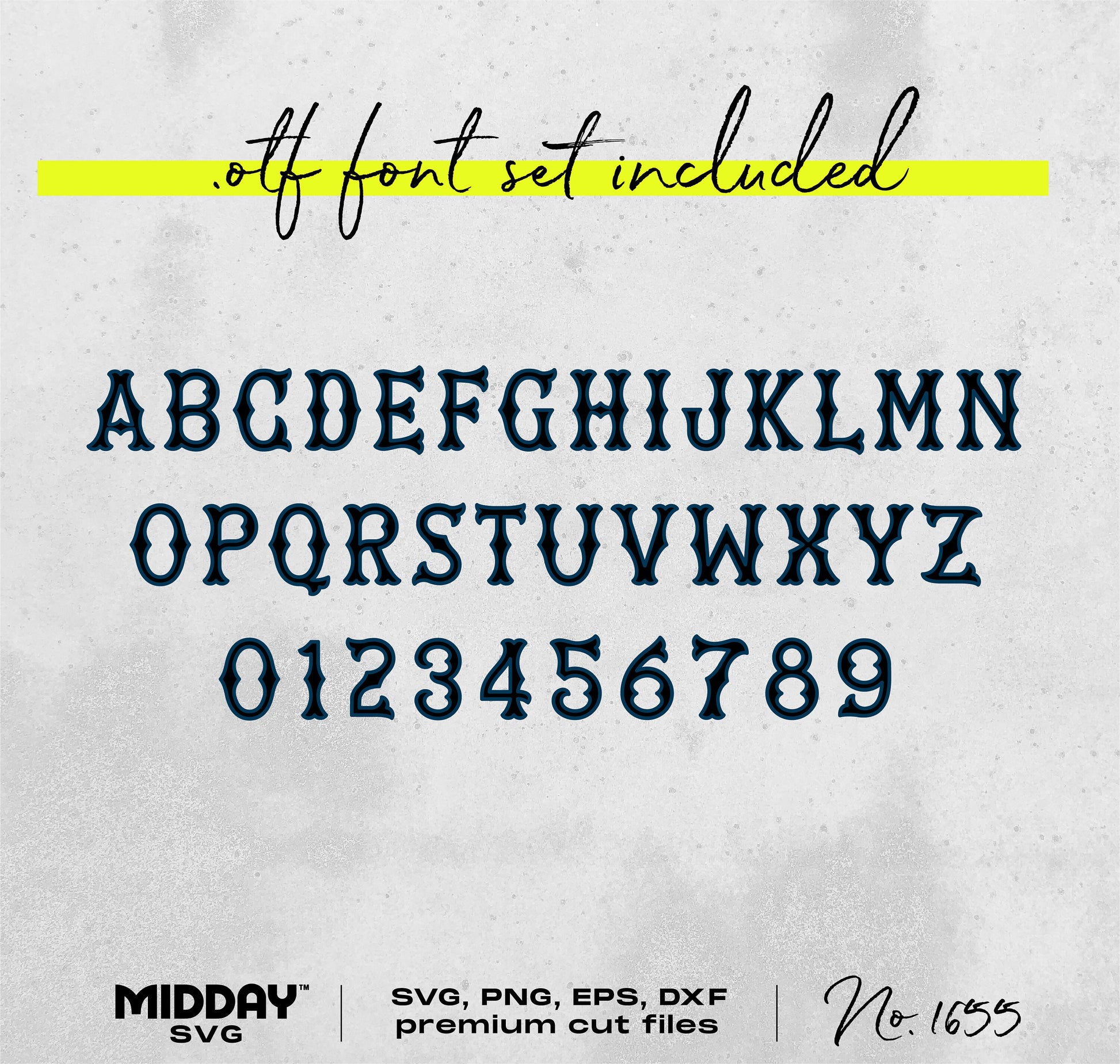 Vintage font set with alphabet and numbers in SVG, PNG, EPS, DXF formats, including .otf font. Ideal for crafts and premium design projects.