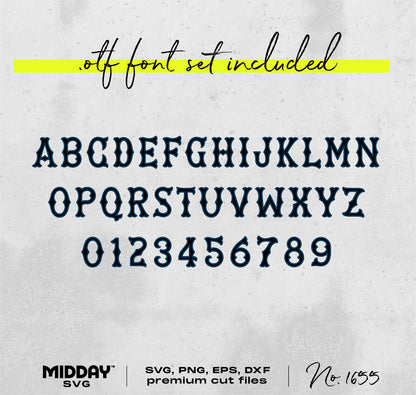 Vintage font set with alphabet and numbers in SVG, PNG, EPS, DXF formats, including .otf font. Ideal for crafts and premium design projects.
