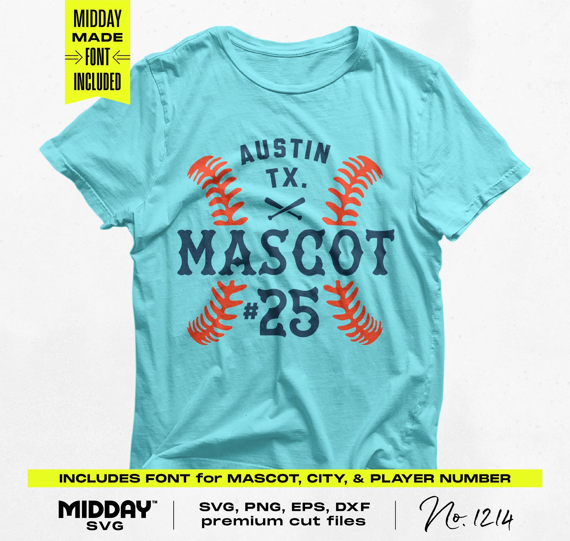 Sky-blue t-shirt featuring customizable softball design with "Austin TX Mascot #25" and included font options for crafting.