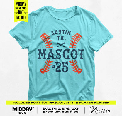 Sky-blue t-shirt featuring customizable softball design with "Austin TX Mascot #25" and included font options for crafting.