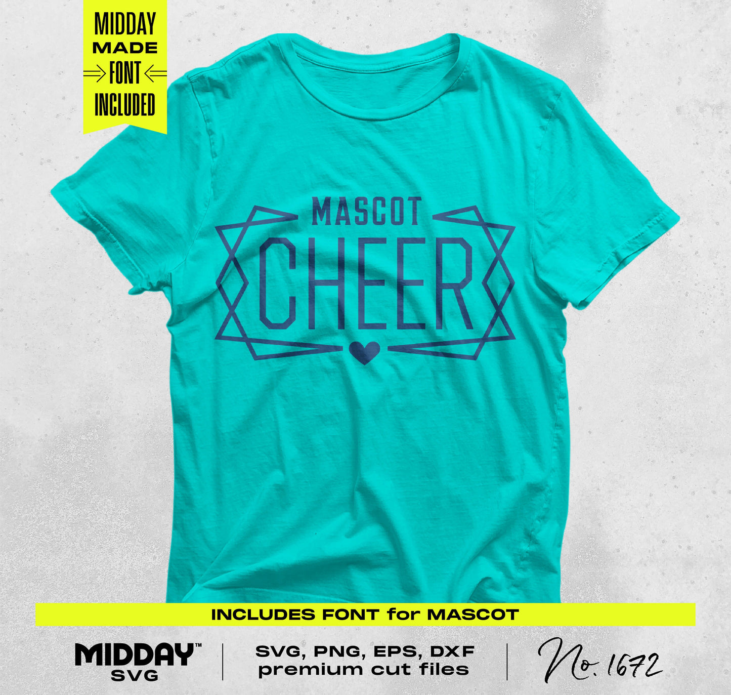 Turquoise t-shirt displaying customizable cheer team logo design with the word 'MASCOT CHEER' in bold letters, ideal for crafting.