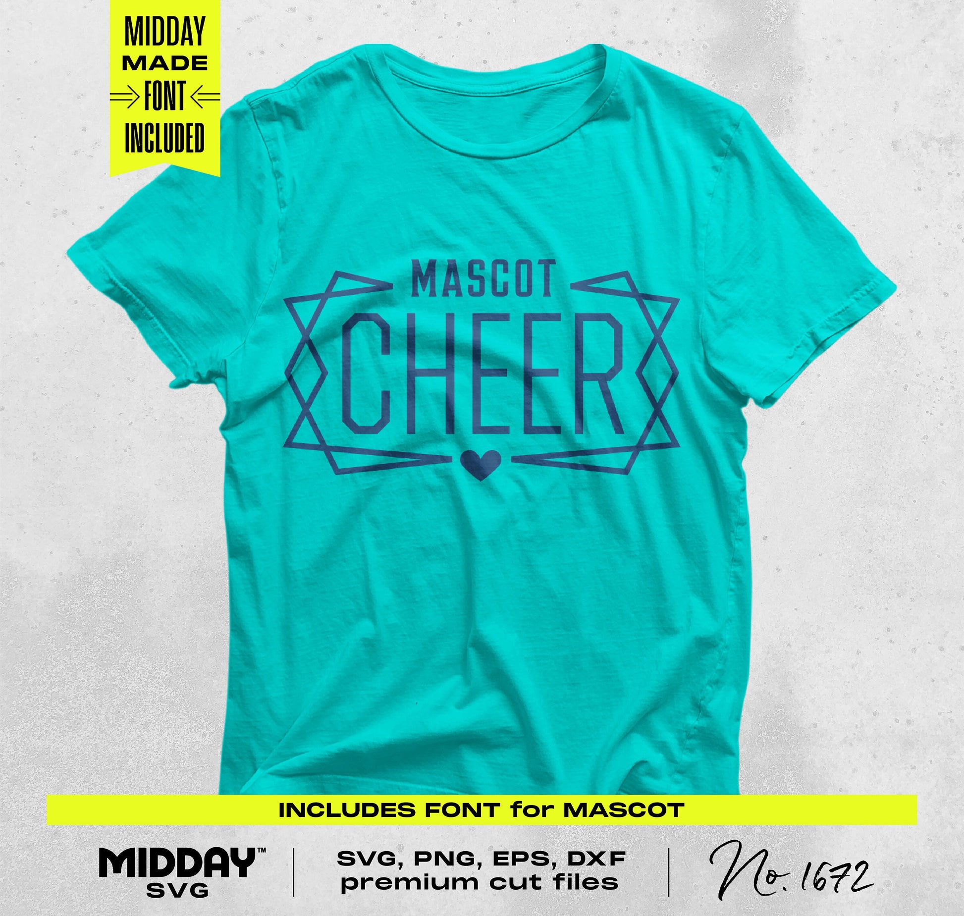 Turquoise t-shirt displaying customizable cheer team logo design with the word 'MASCOT CHEER' in bold letters, ideal for crafting.