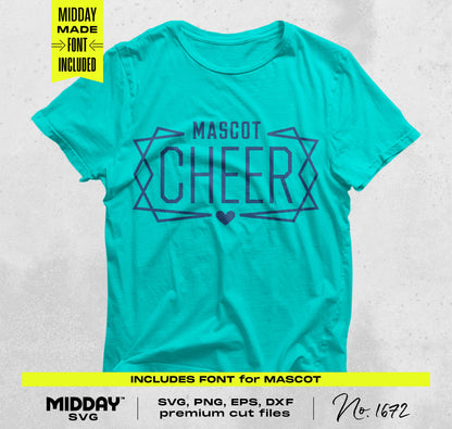 Turquoise t-shirt displaying customizable cheer team logo design with the word 'MASCOT CHEER' in bold letters, ideal for crafting.