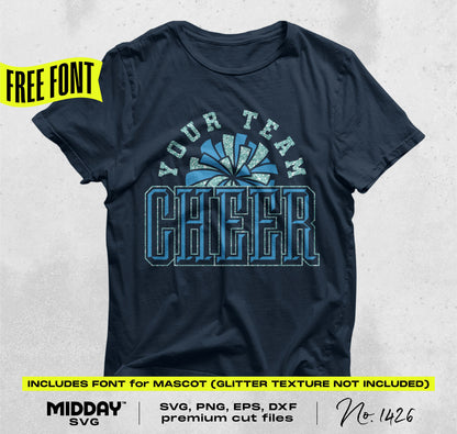 Navy blue t-shirt with 'Your Team Cheer' design, part of Cheer Bundle v5 SVG PNG DXF EPS by Midday SVG, includes free font option.