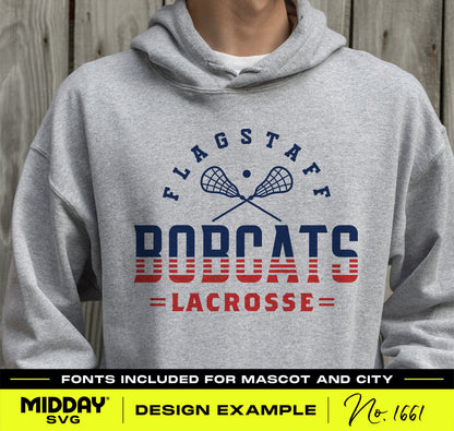 Gray hoodie featuring a striped lacrosse team logo with crossed lacrosse sticks and customizable text for team apparel.