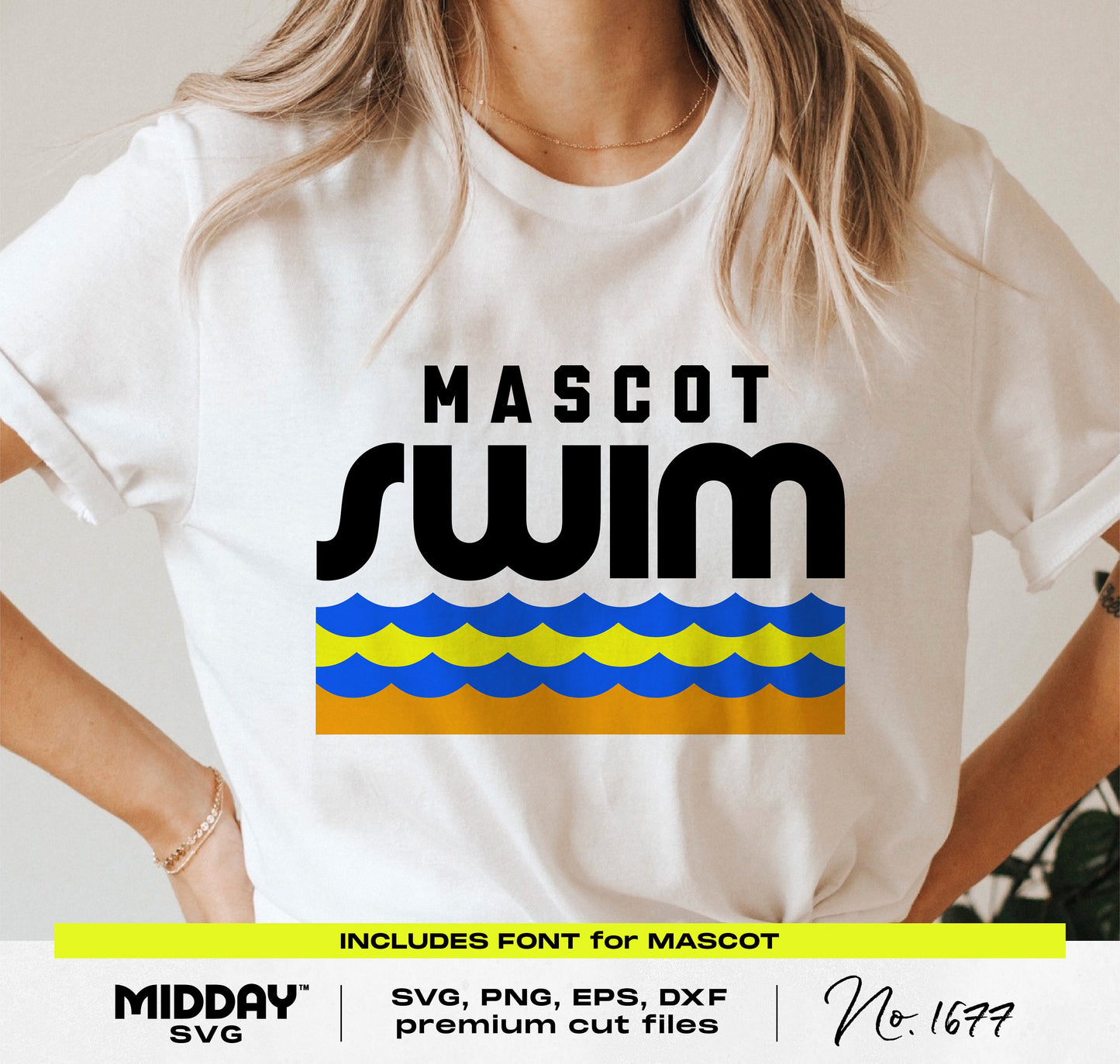 Person wearing a t-shirt featuring a swim team SVG design with mascot font, ideal for customizing apparel and accessories.