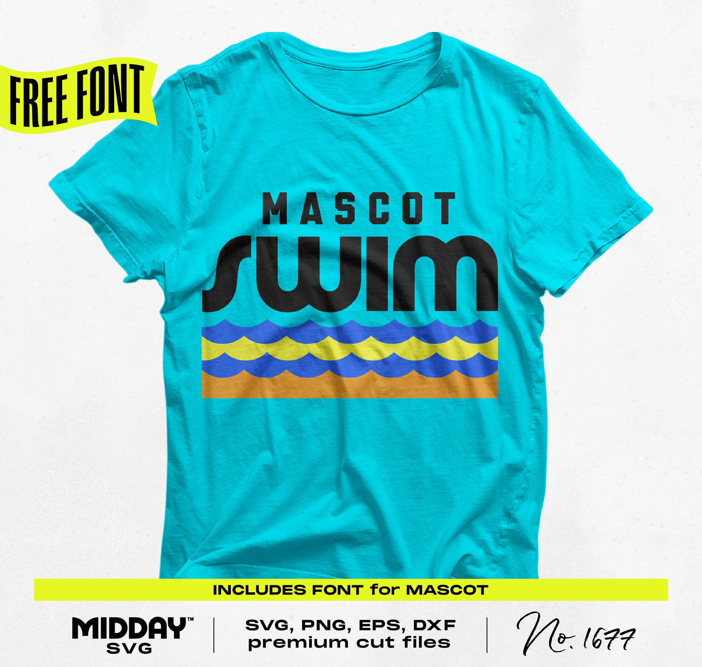 Turquoise t-shirt featuring Swim Team SVG design with mascot font, ideal for customizing team apparel. Includes SVG, PNG, EPS, DXF files.