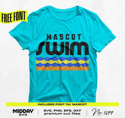Turquoise t-shirt featuring Swim Team SVG design with mascot font, ideal for customizing team apparel. Includes SVG, PNG, EPS, DXF files.