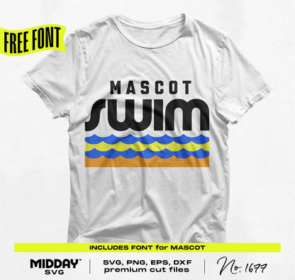 White t-shirt featuring swim team design with "Mascot Swim" text and wave pattern, includes SVG, PNG, and sporty font for customization.