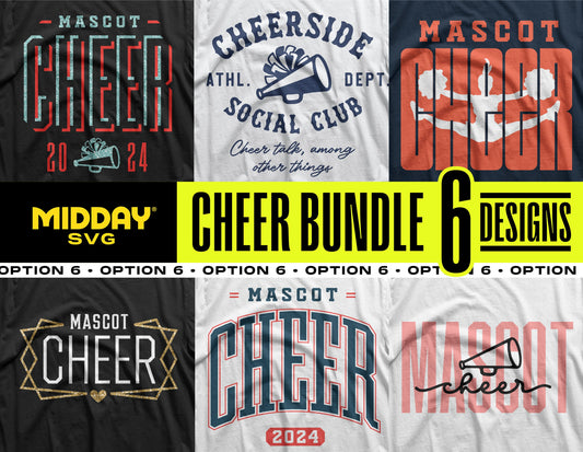Cheer Bundle v6 featuring 6 elegant collegiate cheerleading SVG designs for Cricut and Silhouette.