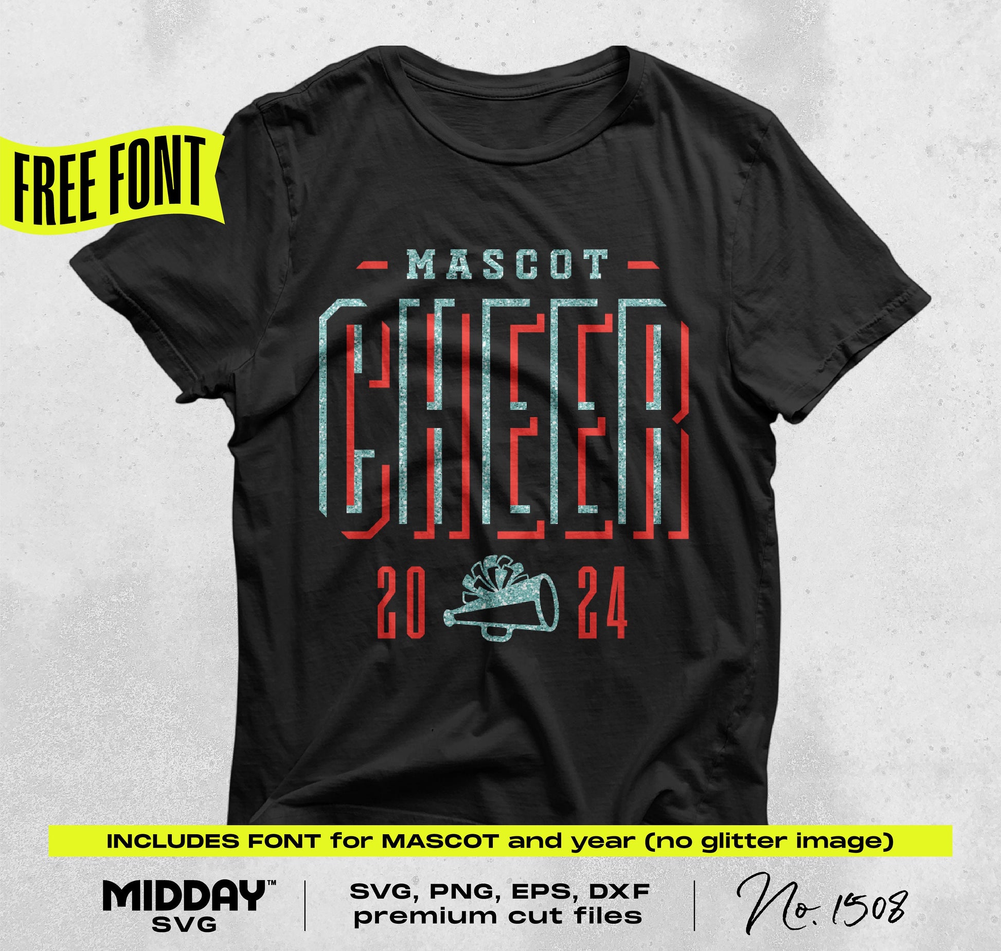Black t-shirt with 'Mascot Cheer 2024' design in red and teal, includes cut files and free font; part of cheer bundle collection.