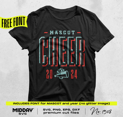 Black t-shirt with 'Mascot Cheer 2024' design in red and teal, includes cut files and free font; part of cheer bundle collection.