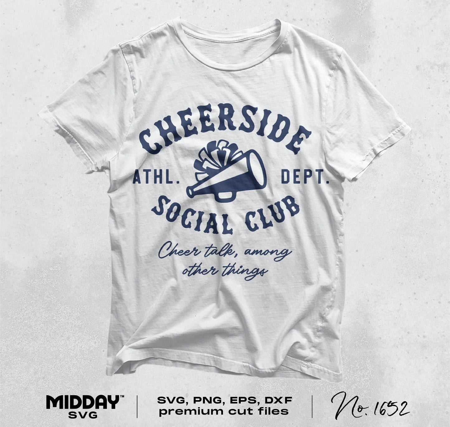 White t-shirt with "Cheerside Social Club" design featuring a megaphone and text, ideal for cheerleading SVG projects.