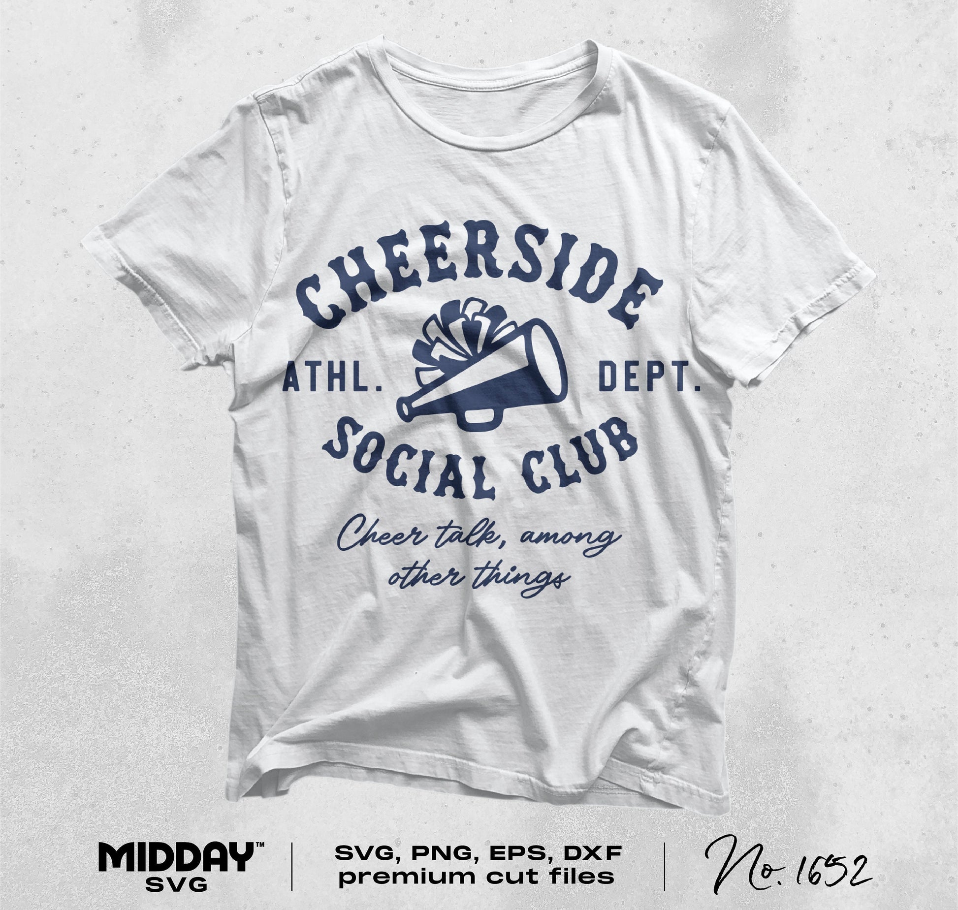 White t-shirt with "Cheerside Social Club" design featuring a megaphone and text, ideal for cheerleading SVG projects.