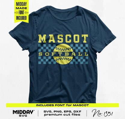 Navy blue t-shirt with yellow 'Mascot Softball' design, perfect for fans and players, includes SVG files and fonts.