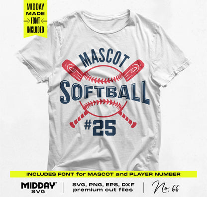 Softball t-shirt with customizable mascot and player number in SVG, PNG, EPS, DXF formats. Perfect for softball enthusiasts and DIY projects.