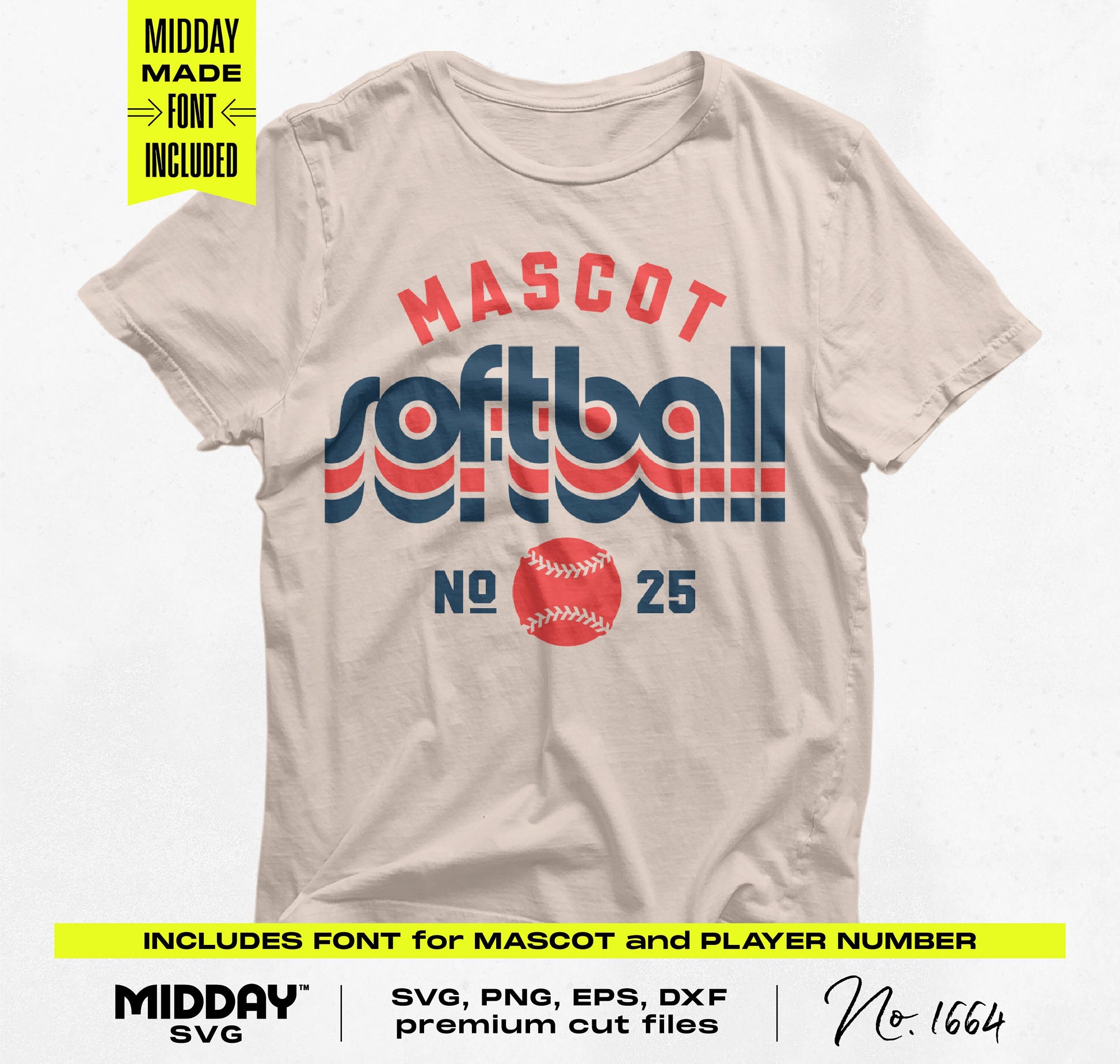Softball t-shirt design with "Mascot Softball No. 25" text, available in SVG, PNG, EPS, DXF formats for DIY projects.