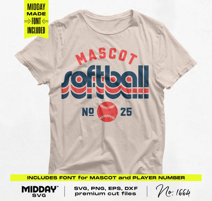 Softball t-shirt design with "Mascot Softball No. 25" text, available in SVG, PNG, EPS, DXF formats for DIY projects.