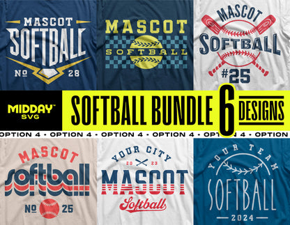 Softball Bundle v4 featuring six unique SVG designs for sports enthusiasts, perfect for DIY projects like t-shirts, mugs, and decals.