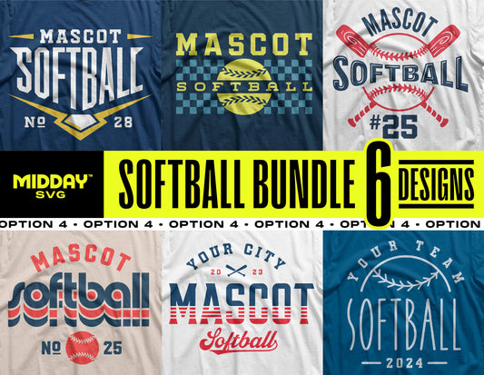 Softball Bundle v4 featuring six unique SVG designs for sports enthusiasts, perfect for DIY projects like t-shirts, mugs, and decals.