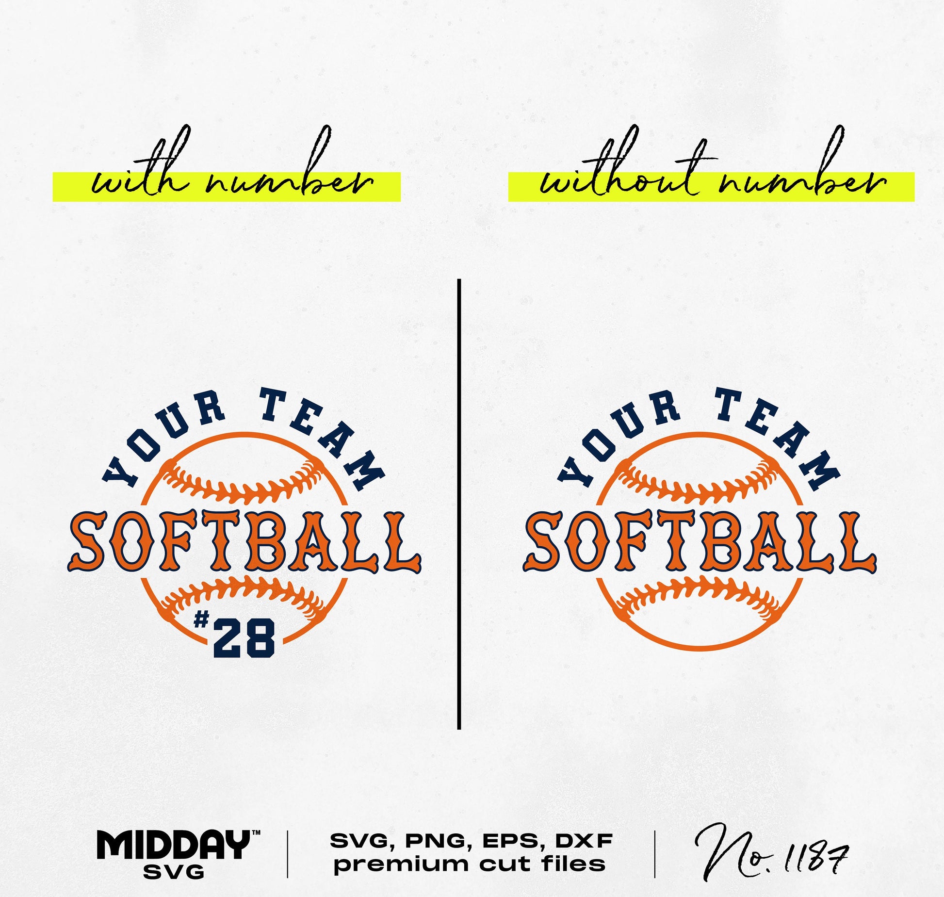Softball SVG design with customizable team name and number, includes SVG, PNG, EPS, DXF formats for DIY projects like shirts and mugs.