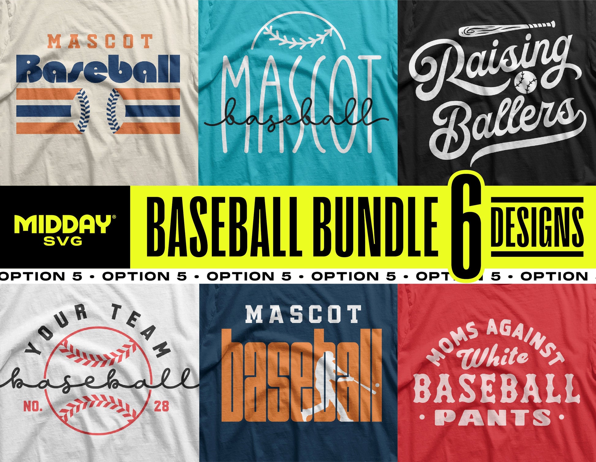 Baseball SVG PNG Bundle V5 featuring six customizable team logo designs for DIY projects and merchandise.