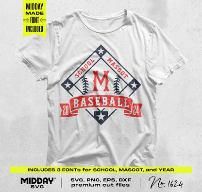 White t-shirt featuring a baseball-themed SVG design template for DIY crafts with school mascot and year; includes font options.