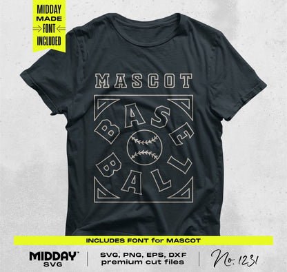 Black t-shirt featuring a stylish baseball design with the words 'Mascot Baseball', perfect for crafting and apparel projects.
