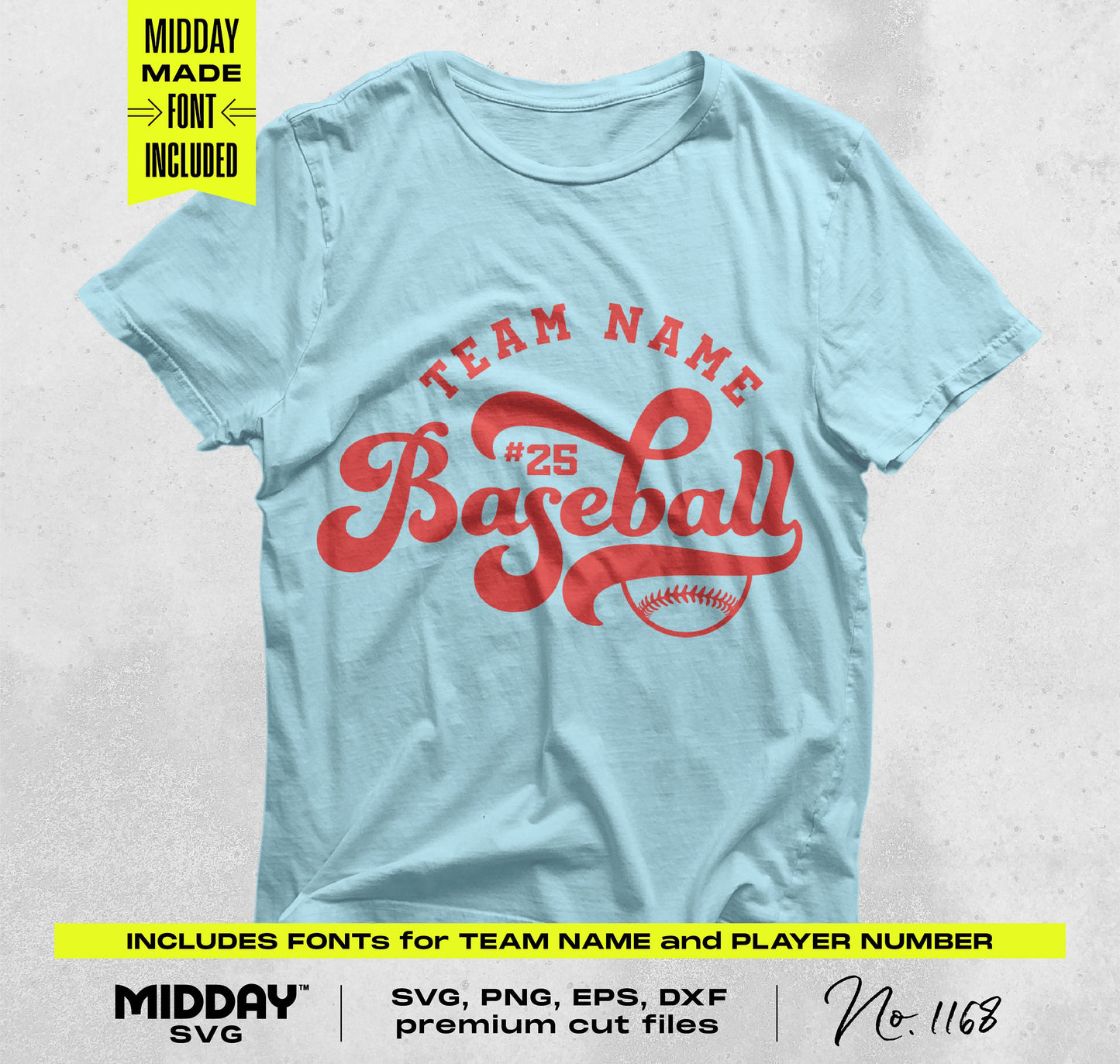 Blue t-shirt with customizable red baseball design graphics, perfect for crafting, includes team name and player number fonts.