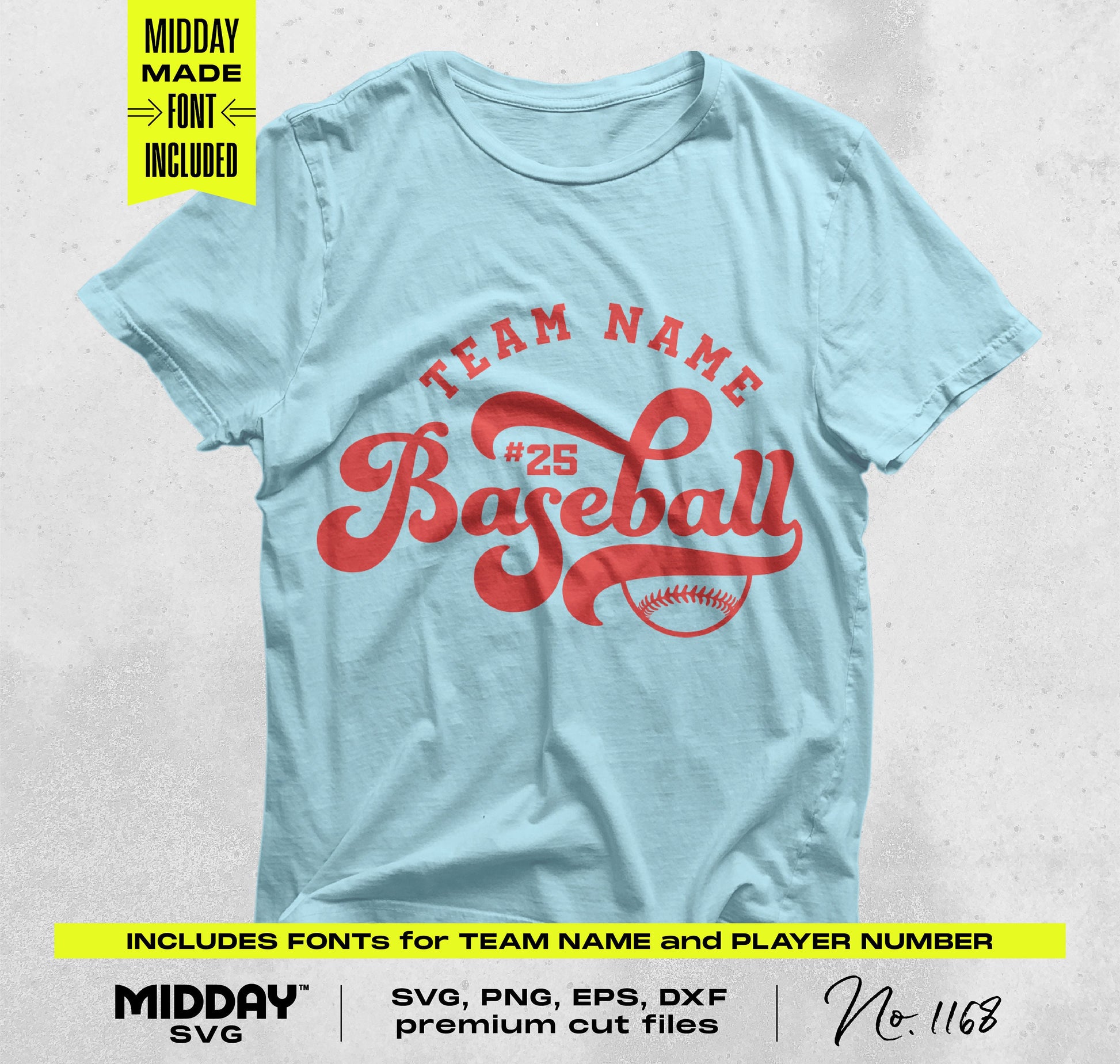 Blue t-shirt with customizable red baseball design graphics, perfect for crafting, includes team name and player number fonts.