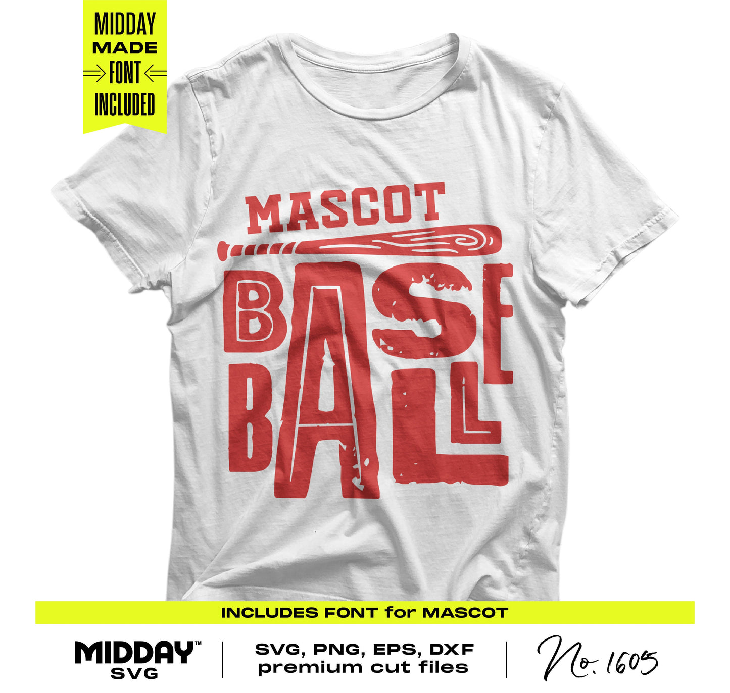 Baseball T-shirt design with red text "MASCOT BASEBALL" and bat graphic, includes font for crafting needs, SVG PNG EPS DXF included.